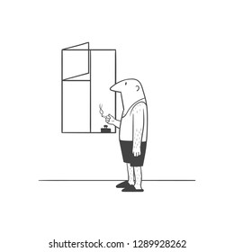 The man with a cigarette is standing near the window