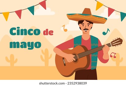 Hombre con el concepto Cinco de mayo. Hombre joven con sombrero y ropa tradicional mexicana con guitarra. Festividades y festivales. Músico cerca de coloridas banderas. Dibujo vectorial plano de dibujos animados