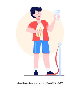 Man in cinema queue holding tickets. Character with popcorn. Isolated vector illustration in flat style