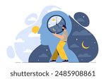 Man with circadian rhythm concept. Young guy with watch in his hands. Healthy lifestyle and proper daily routine. Quality sleep and dream. Rest and recuperation. Cartoon vector illustration