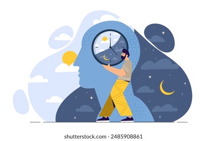 Man with circadian rhythm concept. Young guy with watch in his hands. Healthy lifestyle and proper daily routine. Quality sleep and dream. Rest and recuperation. Cartoon vector illustration