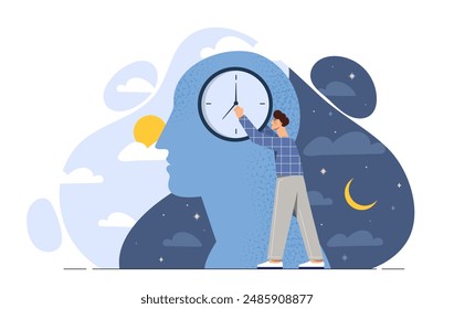 Hombre con concepto de ritmo circadiano. Joven con reloj en las manos. Un estilo de vida saludable y una rutina diaria adecuada. Calidad de sueño y sueño. Cartel o Anuncio. Ilustración vectorial de dibujos animados