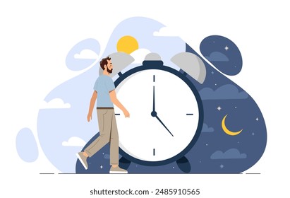 Man with circadian rhythm concept. Young guy walk near clocks. Healthy lifestyle and proper daily routine. Quality sleep and dream. Night and day circle. Cartoon vector illustration