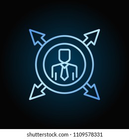 Man in circle with arrows blue outline icon. Vector outsourcing linear symbol on dark background