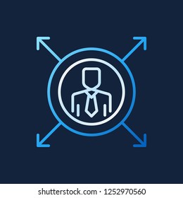 Man in circle with arrows outline creative icon. Vector Mission or Human Resources concept thin line sign on dark background