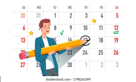 Man circling event date reminder with pencil on month calendar. Happy young person marking important achievement day or planning goal. Time management, scheduling. Flat vector character illustration