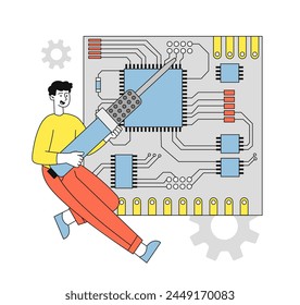 Hombre con placa de circuito lineal. Hardware y parte de ordenador y pc. Gadget y dispositivo, equipo electrónico. Reparador con destornillador. Ilustración vectorial plana simple aislada sobre fondo blanco