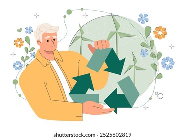 Hombre con economía circular. Joven con letrero de reciclaje. Cero desperdicio y estilo de vida sostenible. Cuidar la naturaleza y el medio ambiente. Ilustración vectorial plana aislada sobre fondo blanco