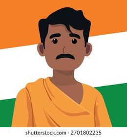 Mann Bürger Indiens auf Flaggenhintergrund, flache Vektorgrafik