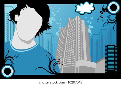 man with a city behind vector illustration