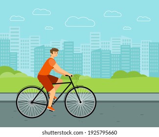 Man city bicycle. White rider on bike. flat vector character