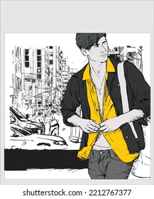 El hombre en la ilustración del vector de la ciudad