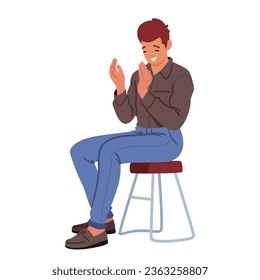 Man Clap Hands Sitting on Hands Isolated on White Background. Young Male Character Applaud, Cheering, Support. Concept of Celebration, Respect, Congratulations. Cartoon People Vector Illustration
