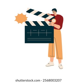 Man with Clapperboard at Shooting Film Movie Production Scene Vector Illustration