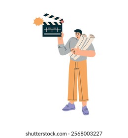 Man with Clapperboard at Shooting Film Movie Production Scene Vector Illustration