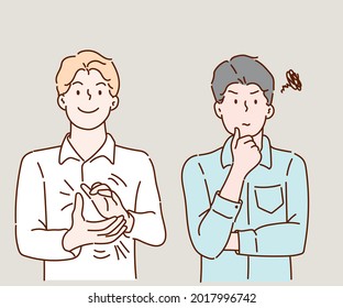 Man is clapping and applauding happy and joyful and a man is thinking about something. Hand drawn in thin line style, vector illustrations.