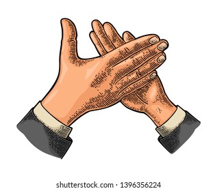 Man Clapping Hands, Applause Sign. Vector Color Vintage Engraved Illustration. Isolated On White Background.