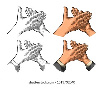 Man Clapping Hands, Applause Sign. Vector Color Vintage Engraved Illustration. Isolated On White Background.