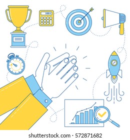 Man clapping his hands. Business achievement, launching startup, successful aim achievement 