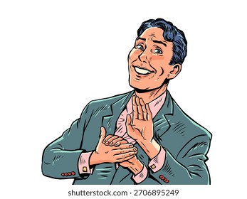 Man clapping his hands. Congratulations on success. Human hand movement. Pop Art Retro Vector Illustration Kitsch Vintage 50s 60s Style. On a white background