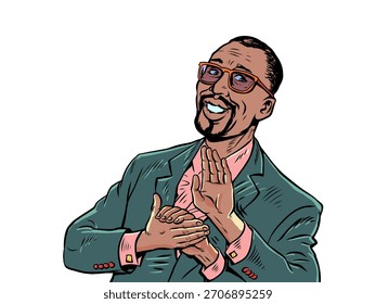 Man clapping his hands. Congratulations on success. Human hand movement. Pop Art Retro Vector Illustration Kitsch Vintage 50s 60s Style. On a white background