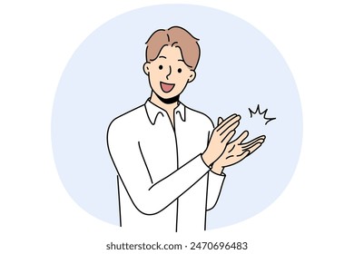 Man claps and applauds to show support or appreciation for successful colleague who has been promoted. Guy applauds you as sign of pride and makes shouts of approval looking at screen.