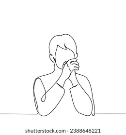 man clasped his hands in a prayer gesture - one line art vector. concept prayer, mantra