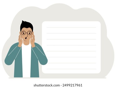 The man clasped his head in his hands. Shock, surprise. Vector flat illustration.