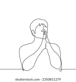man clasped together palms - one line art vector. concept of pray, hope