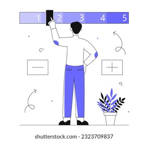 Man with classes line vector concept. Young guy with grades, progress bar. Various color shades. Mobile application or program. Business success and opportunity. Linear flat vector illustration