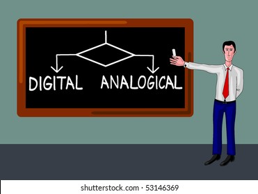 man in a classroom and blackboard with digital-analogical concept