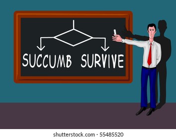 man in a classroom with blackboard and flowchart with succumb-survive concept