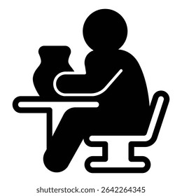 Man with clay jug at desk solid icon, pottery making concept. Vector graphics. Human working with clay vase, molding sign on white background, style mobile or design