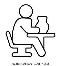 Man with clay jug at desk thin line icon, pottery making concept. Vector graphics. Human working with clay vase, molding sign on white background, style mobile or design
