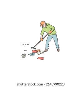 man clean environment from trash and waste. Vector doodle line illustration of solving environmental problems.