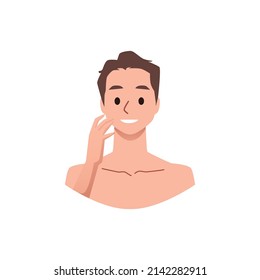 Man with clean face after skincare routine, flat vector illustration isolated on white background. Happy and smiling male character, concept of cosmetology.
