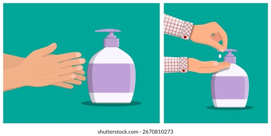 Hombre con una mano limpia y persona usando una botella de desinfectante en un estilo plano, concepto de salud e higiene