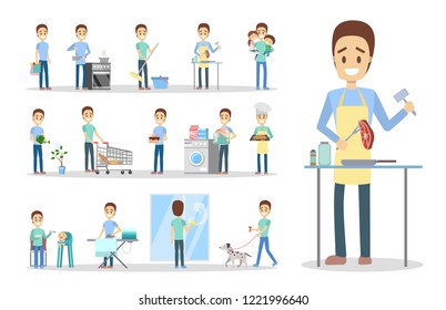 Man clean home and doing a housework. House husband doing everyday domestic routine. Isolated flat vector illustration