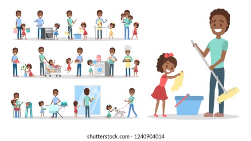 Man clean home and doing a housework with children set. Housewife doing everyday domestic routine and kids help her. Isolated flat vector illustration