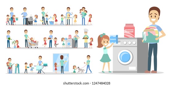 Man clean home and doing a housework with children set. Househusband doing everyday domestic routine and kids help him. Isolated flat vector illustration