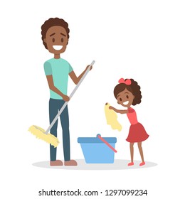 Man clean home and doing housework with daughter. Father doing everyday domestic routine and kid help him. Isolated flat vector illustration