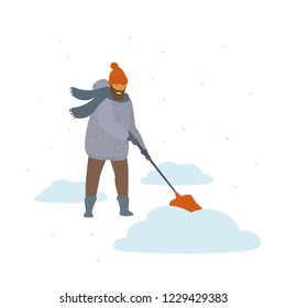 man clean up shoveling snow drifts cartoon isolated vector illustration winter scene