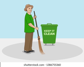 a man cleaned the floor with a broomstick 