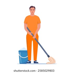 Man cleaner dressed in orange prisoner uniform. Mopping the floor. Nearby is a blue bucket and water