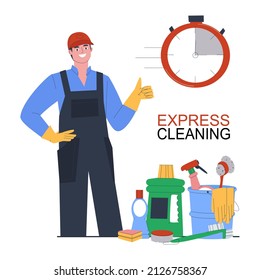 Man cleaner shows like. Express cleaning service. Cleanliness and order service with home and office visits. Flat vector illustration. Eps10