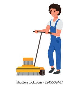 Man cleaner sweeper electric brush vacuum mop floor cleaning technology vector isometric illustration. Male clean worker in overalls maintenance chore service housekeeping home office laundered device