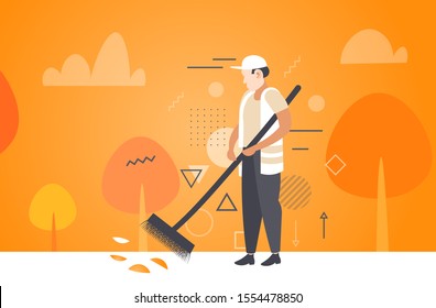 man cleaner sweeping road from leaves with broom male janitor in uniform cleaning service concept autumn landscape background full length sketch horizontal vector illustration
