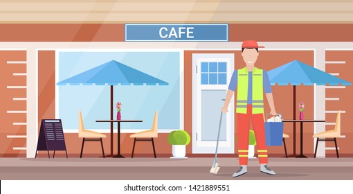 man cleaner in uniform holding bucket with supplies and mop male janitor cleaning service concept modern city street cafe building exterior flat full length horizontal