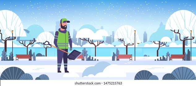 man cleaner using plastic shovel snow removal winter street cleaning service concept urban snowy park landscape background flat full length horizontal