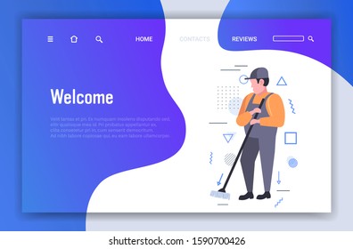 man cleaner washing floor with mop male janitor in uniform mopping cleaning service concept horizontal copy space full length sketch vector illustration